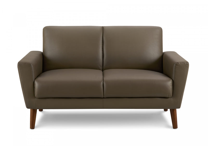 Upholstered Love Seat, 58\" L, Brown Leather-Look, Walnut Wood Legs, Mid-Century, Modern Loveseat
