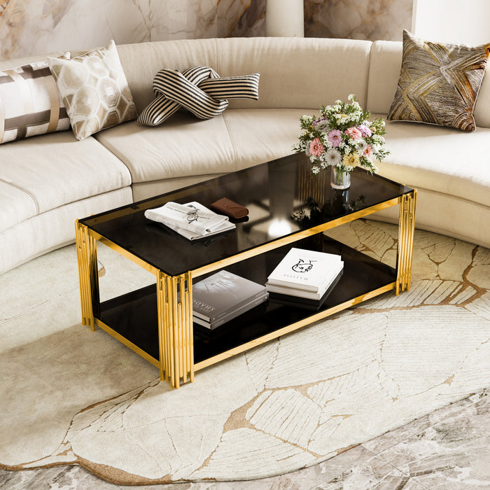 Aria 47.5 Inch Modern Rectangular Coffee Table with Asymmetrical Gold Frame and Mirror Top, Black