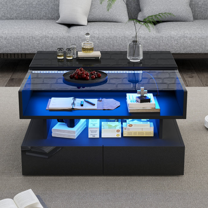 Oliver Lift-Top Coffee Table with LED Lighting and Glass Tabletop,Black
