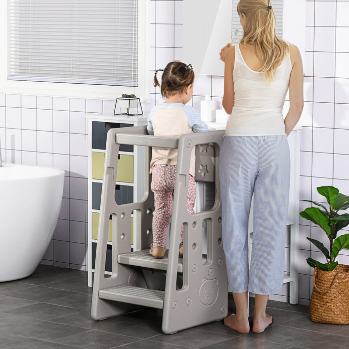 Qaba Toddler Kitchen Helper 2 Step Stool With Adjustable Height Platform And Safety Rail, Grey