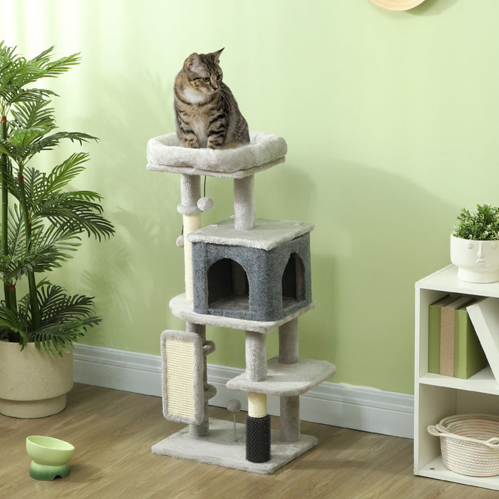 Pawhut Cat Tree For Large Cat Adults, 41 Inch Cat Tower For Indoor Cats W/ Scratching Posts, Cat Bed, Condo, Grooming Brush, Jumping Platforms, Toy Balls, Anti-tip Kit, Light Grey