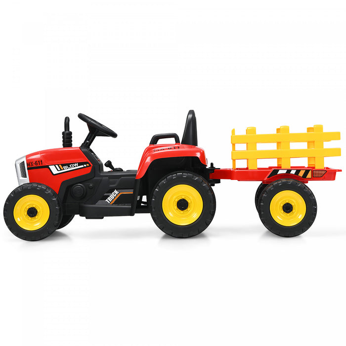 Costway 12v Kids Ride On Tractor With Trailer Ground Loader W/ Rc & Lights Red