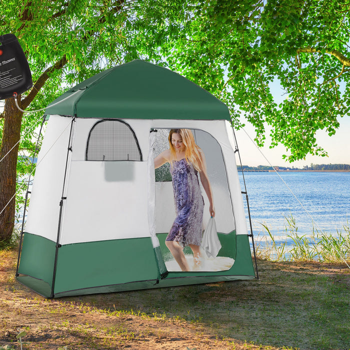 Outsunny Two Room Pop Up Shower Tent W/ Shower Bag, Floor, Carry Bag, Green