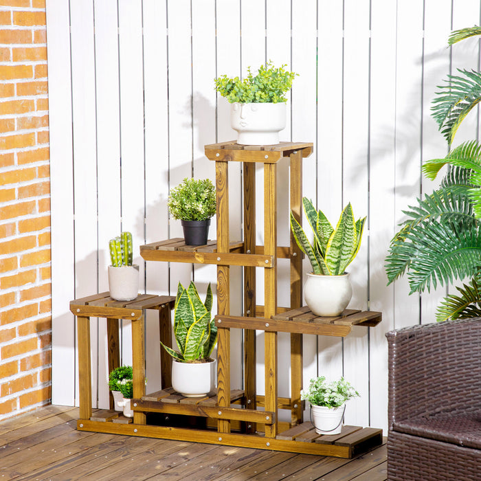 Outsunny Wood Plant Stand 6 Tier Plant Shelf Rack Multiple Flower Pot Holder For Living Room, Patio Corner, Balcony, Indoor Outdoor Use