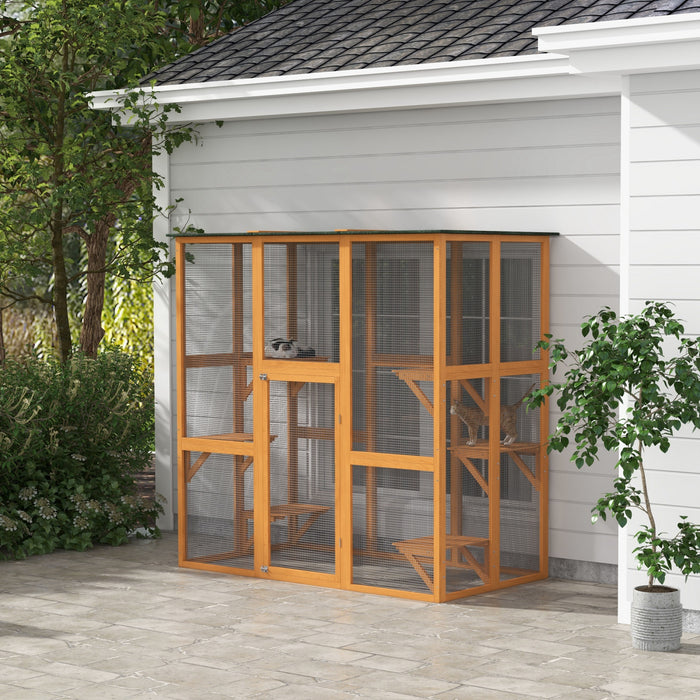 Pawhut Large Outdoor Catio Enclosure, Weatherproof Cat House With Asphalt Roof, Wooden Cat Patio Cage With 6 Balanced Platforms, 71\" X 39\" X 71\", Orange