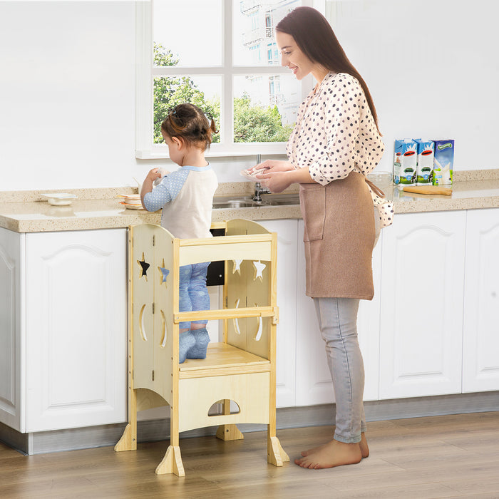 Qaba Kids Kitchen Helper Foldable Step Stool Toddler Kitchen Stool With Blackboard Lockable Handrail For 3-6 Years Old Natural