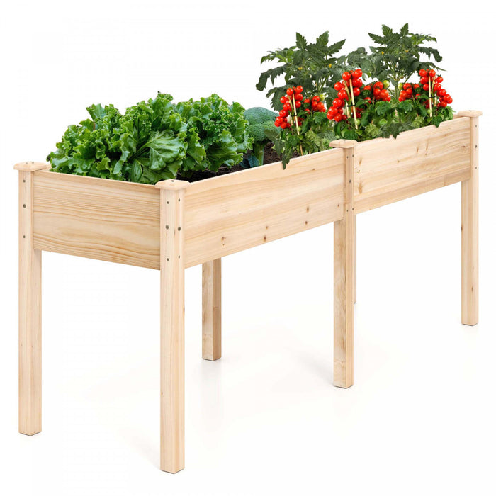 Costway Outdoor Raised Garden Bed With Legs 73x23x30in Wood Planter Box With Divider Panel Beige