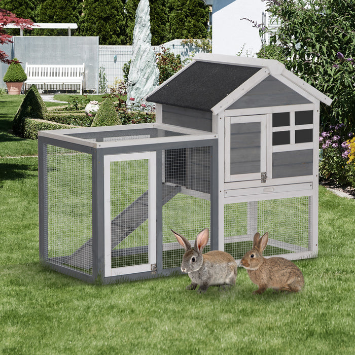 Pawhut 48\" Weatherproof Wooden Rabbit Hutch With Slant Roof And Screened Outdoor Run, Grey