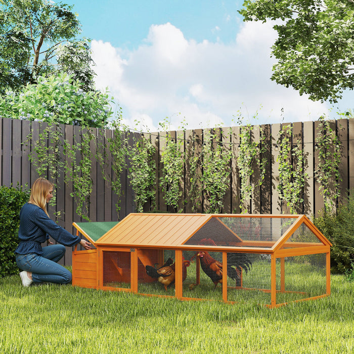Pawhut 95\"L Large Chicken Run, Wooden Chicken Coop with Nesting Box, Lift-up Top, Side Door and Wooden Roof, Poultry Cage for Outdoor, for 4-8 Chickens, Rabbits, Ducks, Orange