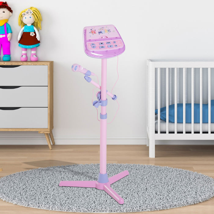 Qaba Microphone For Kids, Karaoke Toys For Kids 3+ Years With Music Stand, Karaoke Machine Microphone Connected To Ipod Phone Mp3 Players, With Light, Real Atmosphere Sound, Pink
