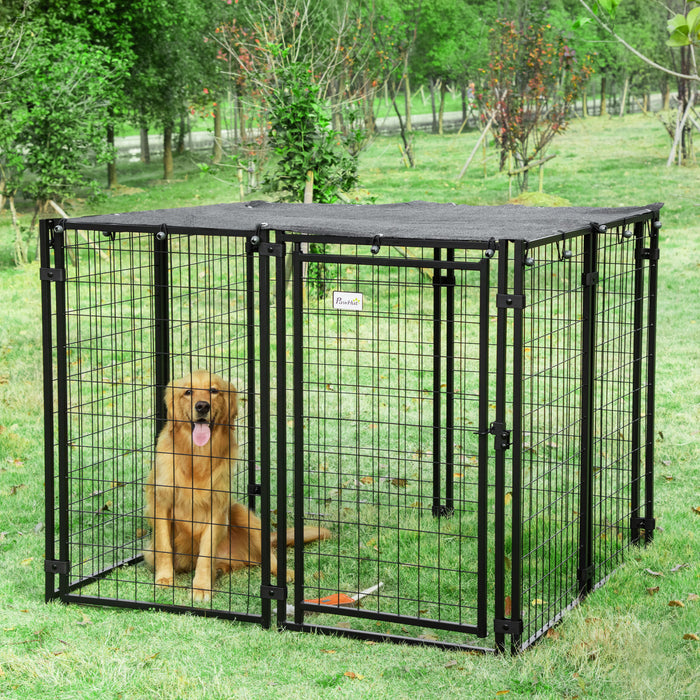 Pawhut Outdoor Dog Kennel, Welded Wire Steel Fence, Lockable Pet Playpen Crate, With Top Cover, Door, Black