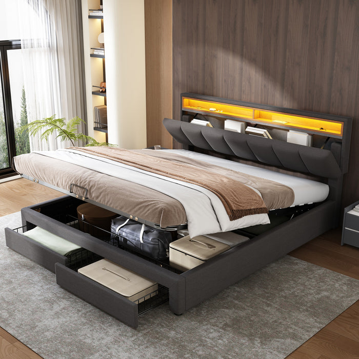 Kelly Upholstered Hydraulic Storage Bed with LED Lighting Headboard and Built-in Drawers,Queen Size,Grey Queen Bed