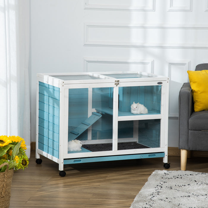 Pawhut Indoor Rabbit Hutch With Wheels, Bunny Cage Guinea Pig House Small Animals Habitat W/ Top Access, Ramp, Pull Out Tray, Blue