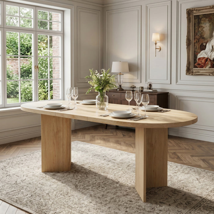 Ovalux 79 Inch Modern Oval Dining Table with Dual Pedestal Base and Wood Finish, Oak