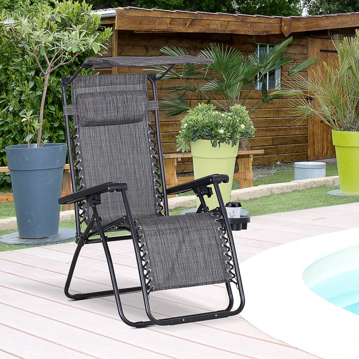 Outsunny Foldable Lounge Chair With Canopy Shade, Side Tray, Cup Holder