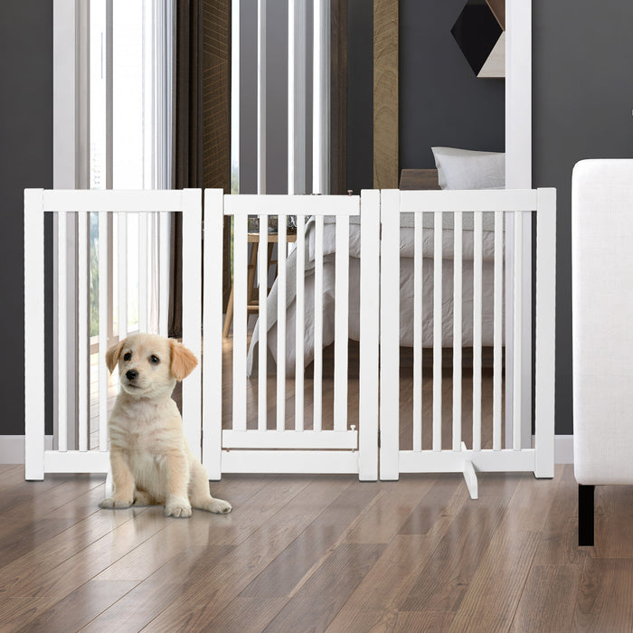 Pawhut Free Standing Pet Gate Indoor Wooden Dog Barrier Folding Safety Fence With Open Door Z Shape 3 Panel For Doorway Stairs