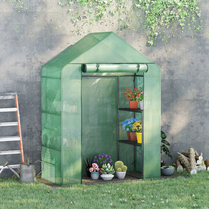 Outsunny Walk In Greenhouse For Outdoor, Portable Gardening Plant Grow House With 2 Tier Shelf, Roll-up Zippered Door, Pe Cover, 55\" W X 28\" D X 75\" H, Green