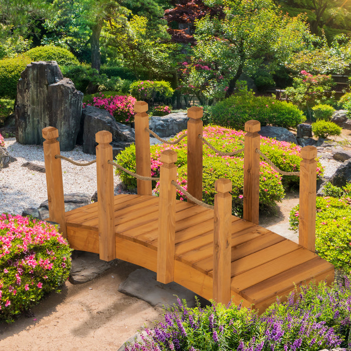 Outsunny 4ft Wooden Garden Bridge Arc Footbridge With Hemp Rope Railings & Solid Fir Construction, Orange