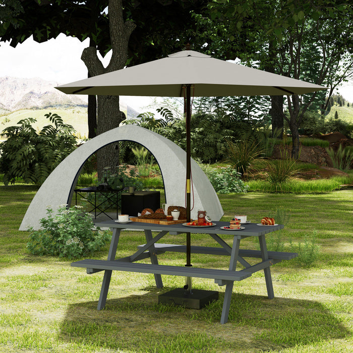 Outsunny Wood Picnic Table Set with Built-in Benches Umbrella Hole Grey
