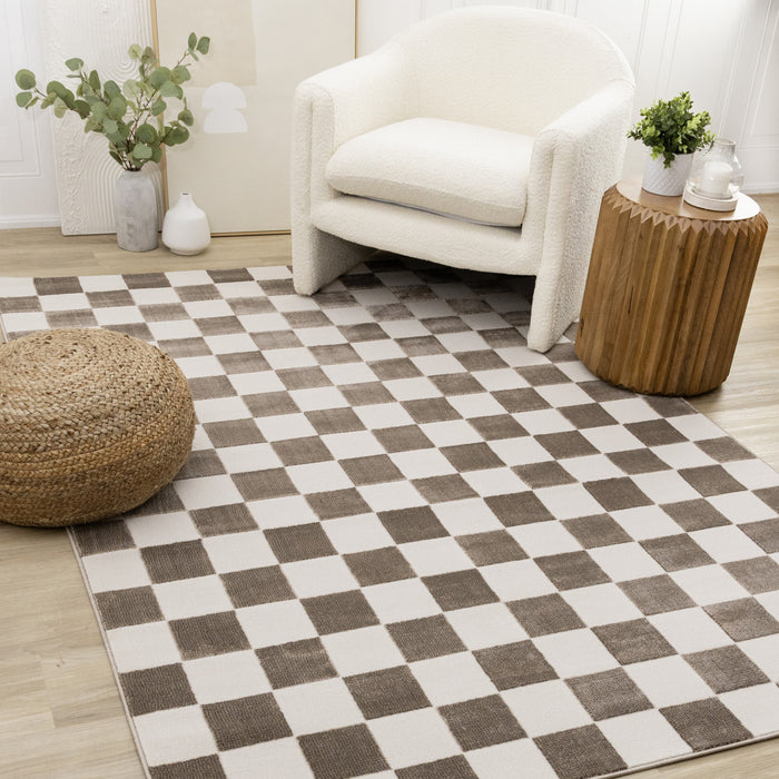 Leopold Checkered Brown White Geometric Area Rug - 5'3\" x 7'7\"