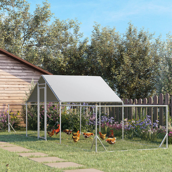 Pawhut Chicken Run, 23' X 6.6' Metal Chicken Coop With Waterproof And Anti-uv Cover, Spire Roof, Door, For 12-14 Chickens, Ducks, Rabbits, Sliver