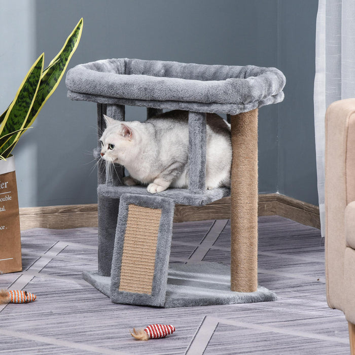 Pawhut Cat Tree, Small Cat Tower With Perch, Scratching Post, Cat Condo, Toy Ball For Kitty, Indoor Use, Grey