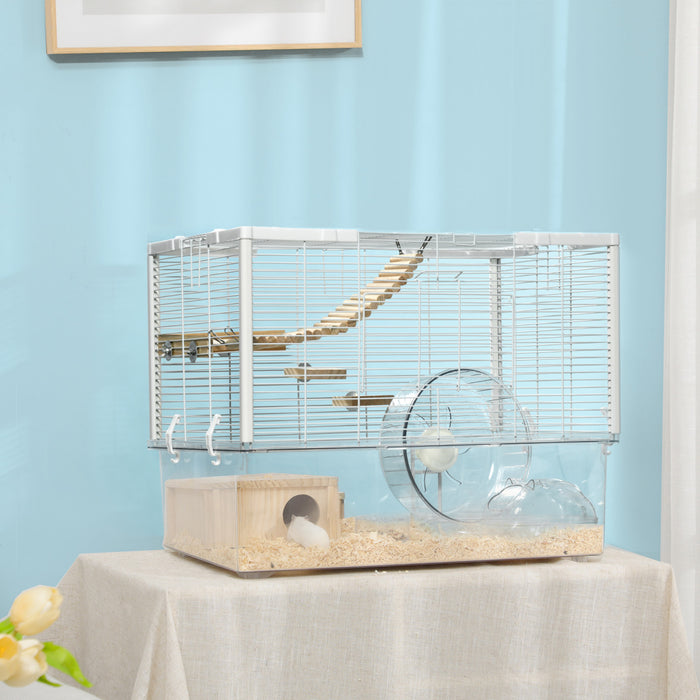 Pawhut Hamster Cage, Transparent Small Animal House With Deep Bottom, Wooden Ramp, Hut, Bathroom And Exercise Wheel For Hamster And Gerbil, 23.2\" L X 14\" W X 18.5\" H, Single Hut