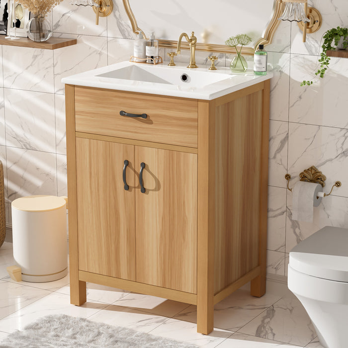 Nolan 24 Inch Modern Wood Bathroom Vanity with Ceramic Sink & Storage, Brown