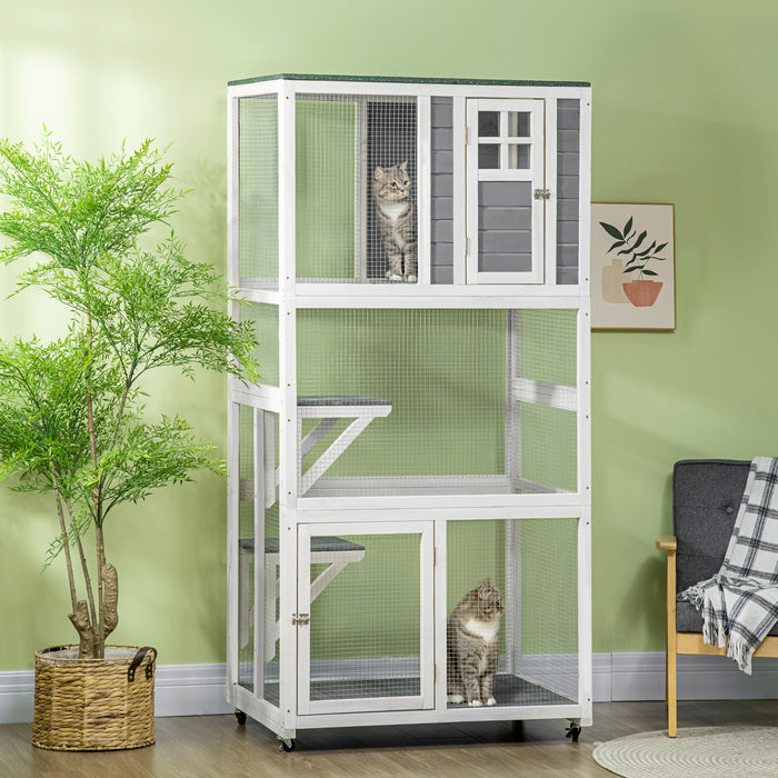 Pawhut 74\" Wooden Outdoor Cat House Weatherproof & Wheeled, Catio Outdoor Cat Enclosure With High Weight Capacity, Kitten Cage Condo, White