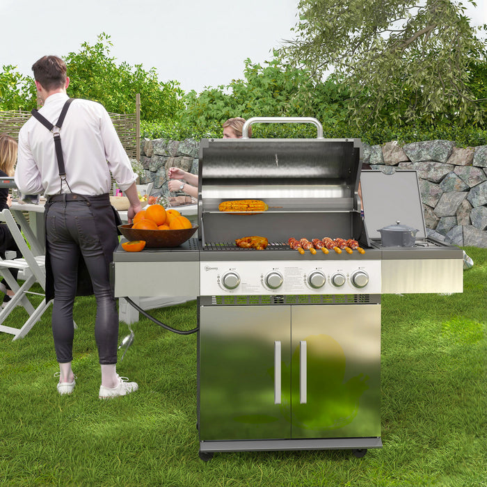 Outsunny 4+1 Burner Liquid Propane Gas Grill Outdoor Portable BBQ with Side Burner, Warming Rack, Storage Cabinet, Side Shelf, Thermometer, Tank Holder, 4 Wheels, Silver