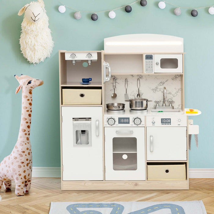 Costway Kids Pretend Play Kitchen Wooden Toy Playset With Led Lighting & Coffee Maker