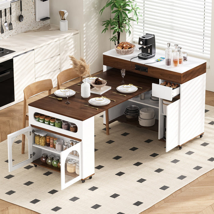 Avery Extendable Dining Table with Rolling Kitchen Island,Walnut