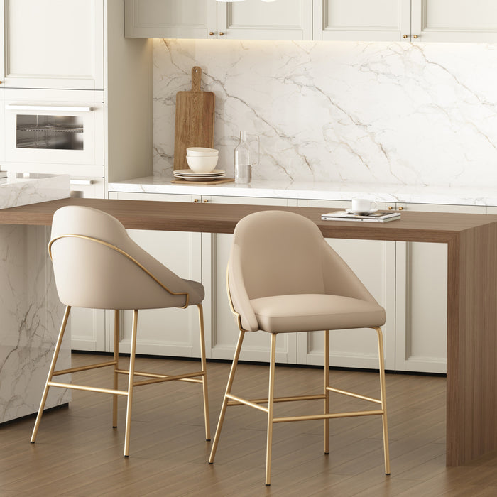 Gracie Modern Metal Upholstered Counter Stool in Tan and Gold - Set of 2