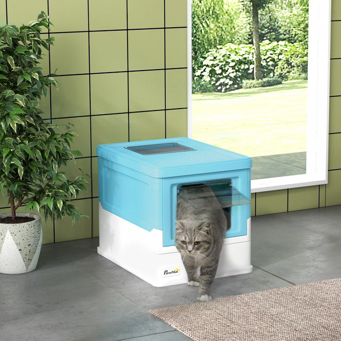 PawHut Cat Litter Box, Enclosed Foldable Kitty Litter Box with Scoop, Tray, Front & Top Entry, Large Space, Portable Design, Blue