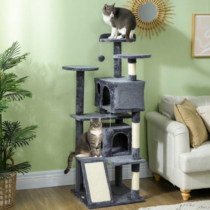 Pawhut 54\" Cat Tree, Cat Tower For Indoor Cats With Scratching Posts, Cat Condos, Bed, Platforms, Ramp, Toy Ball, Cat Activity Center, Dark Grey