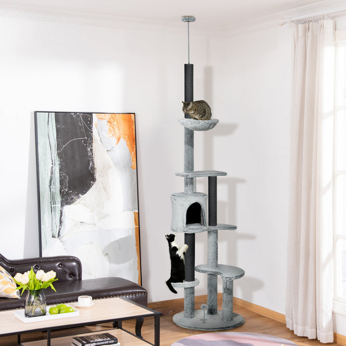 Pawhut Floor To Ceiling Cat Tree For Large Cats, 89\"-100\" Adjustable Height Cat Climbing Tower W/ Hammock, Scratching Posts, Condo, Perches, Toy Ball, Anti-tip Kit, Grey