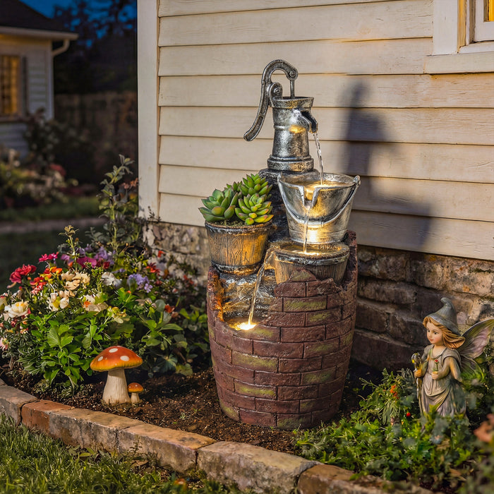 Outsunny Outdoor Fountain with 4-Tier Jugs, Garden Fountain with LED Lights