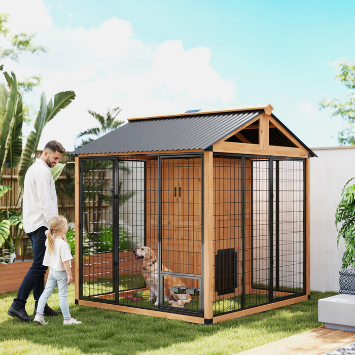 PawHut Extra Large Dog House Outdoor, Wooden Dog Kennel with Storage Cabinet, Pet Shelter with Waterproof Roof, Stainless Steel Bowls for Large Breeds 86\" x 79\" x 86\" Light Yellow