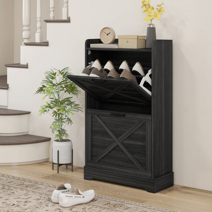 HOMCOM Farmhouse Slim Shoe Cabinet with 2 Flip Drawers Adjustable Shelves