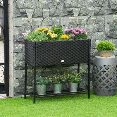 Outsunny Elevated Rattan Raised Garden Bed With Tool Storage Shelf
