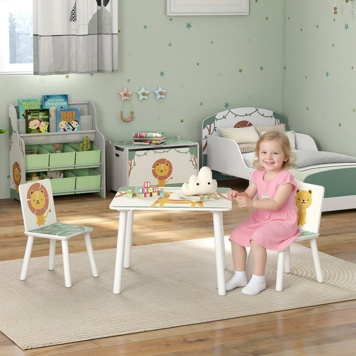 Qaba 3-Piece Kids Table and Chair Set, Toddler Table and Chair Set with Animal Pattern for Boys and Girls Aged 3-8, Bedroom, Nursery, Playroom, Green