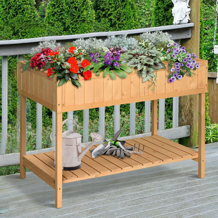 Outsunny 43.25\" X 18\" X 30\" Elevated Wooden Garden Plant Stand Outdoor Raised Natural Flower Bed 8 Grid Box W/ Storage Shelf Yard Herb Planter