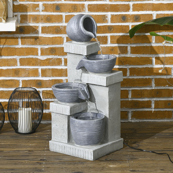 Outsunny Outdoor Jar And Bowls Fountain W/ Led Lights, Resin Water Fountain