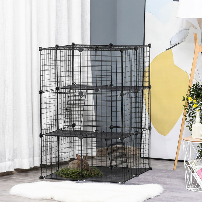 Pawhut 3-tier Diy Pet Playpen Small Animal Cage Bunny Hutch Portable Metal Wire With Ramps For Kitten Bunny Chinchilla Pet Mink Black