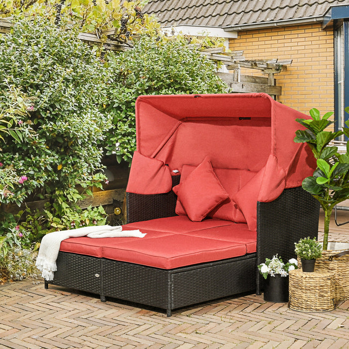 Outdoor Double Lounge Daybed W/ Awning & Cushion Sun Lounger, Red