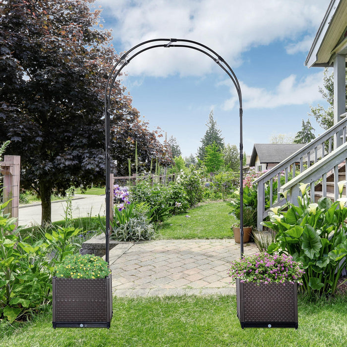 Outsunny 8ft Garden Arch With Two Planters Outdoor Steel Trellis Arbor For Climbing Plants, Weddings, Party, Brown, Black