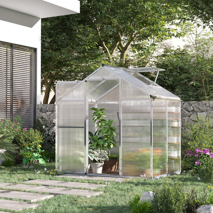 Outsunny 4' X 6' X 6.4' Walk-in Garden Greenhouse Polycarbonate Panels Plants Flower Growth Shed Cold Frame Outdoor Portable Warm House Aluminum Frame