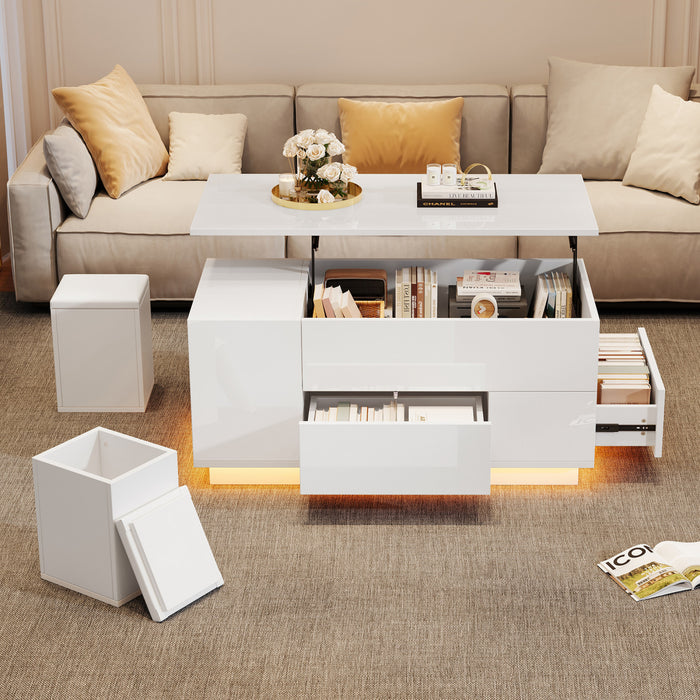 Flexi 39.3 Inch 4-in-1 Lift-Top Coffee Table with LED Lights, Dual Drawers and Storage Ottomans, White