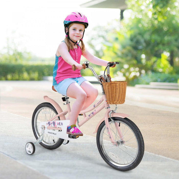 Costway 18\" Kids Bike With Height Adjustable Handlebar Seat Basket Bell Training Wheels Pink
