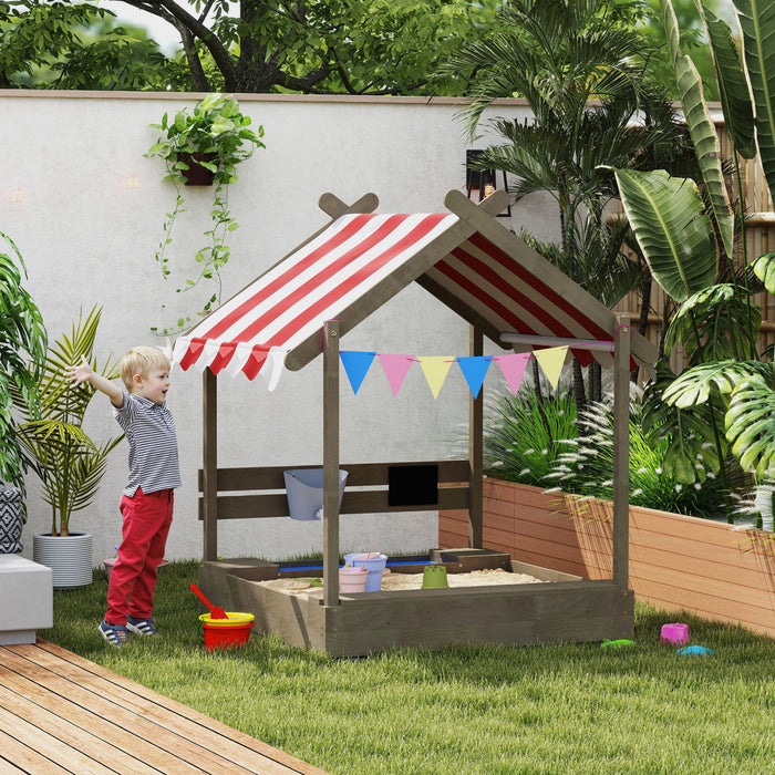 Outsunny Outdoor Kids Sandbox with Cover, Liner, Blackboard, Toys, Seat, Flags, House Design, Kids Playset for 3-7 Years Old, Backyard, Grey